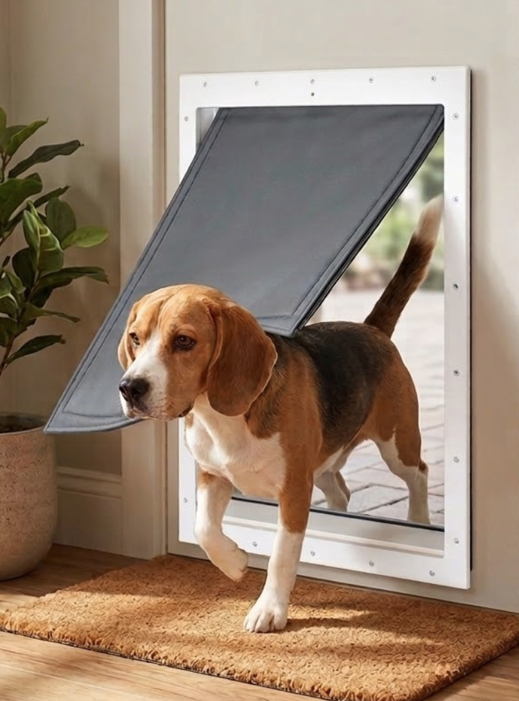 RANGER pet door—interior and exterior view with dog using the door