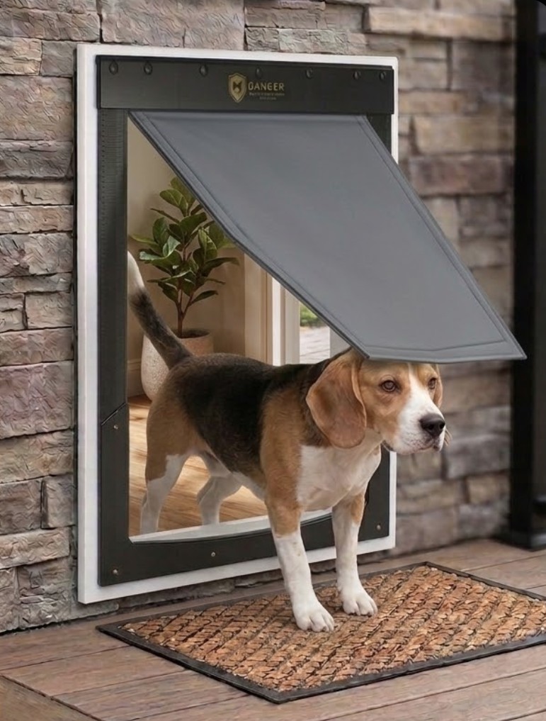 RANGER pet door installed in a stone wall—dog using the wall mount